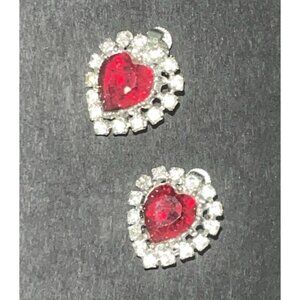 Vtg CORO Signed Ruby Red Glass Heart Earrings Rhinestones Clip On Silver Tone